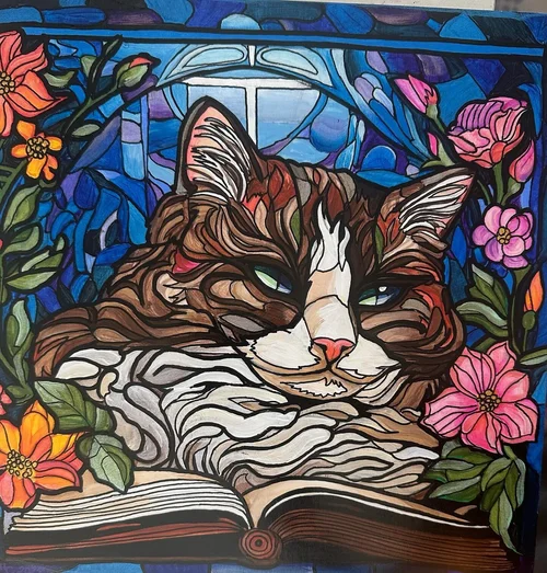 Colorful floral cat stained glass design