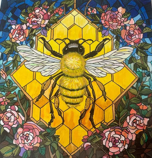 Vibrant bee and honeycomb art design