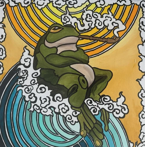 Cartoon frog enjoying a peaceful moment