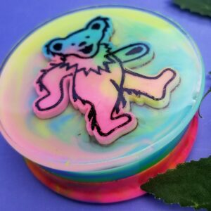 Vibrant bear design with rainbow background