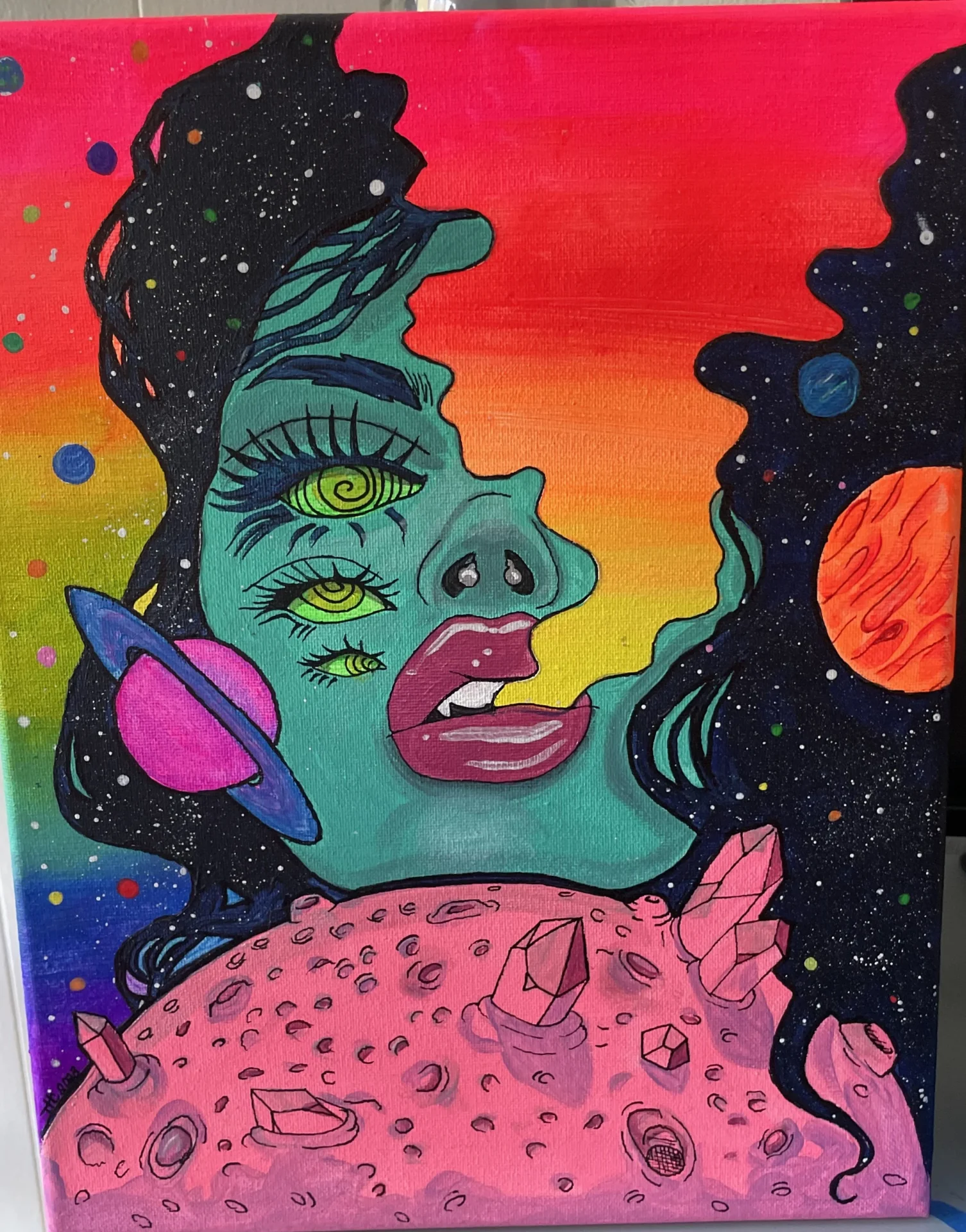 Colorful cosmic art with three-eyed alien