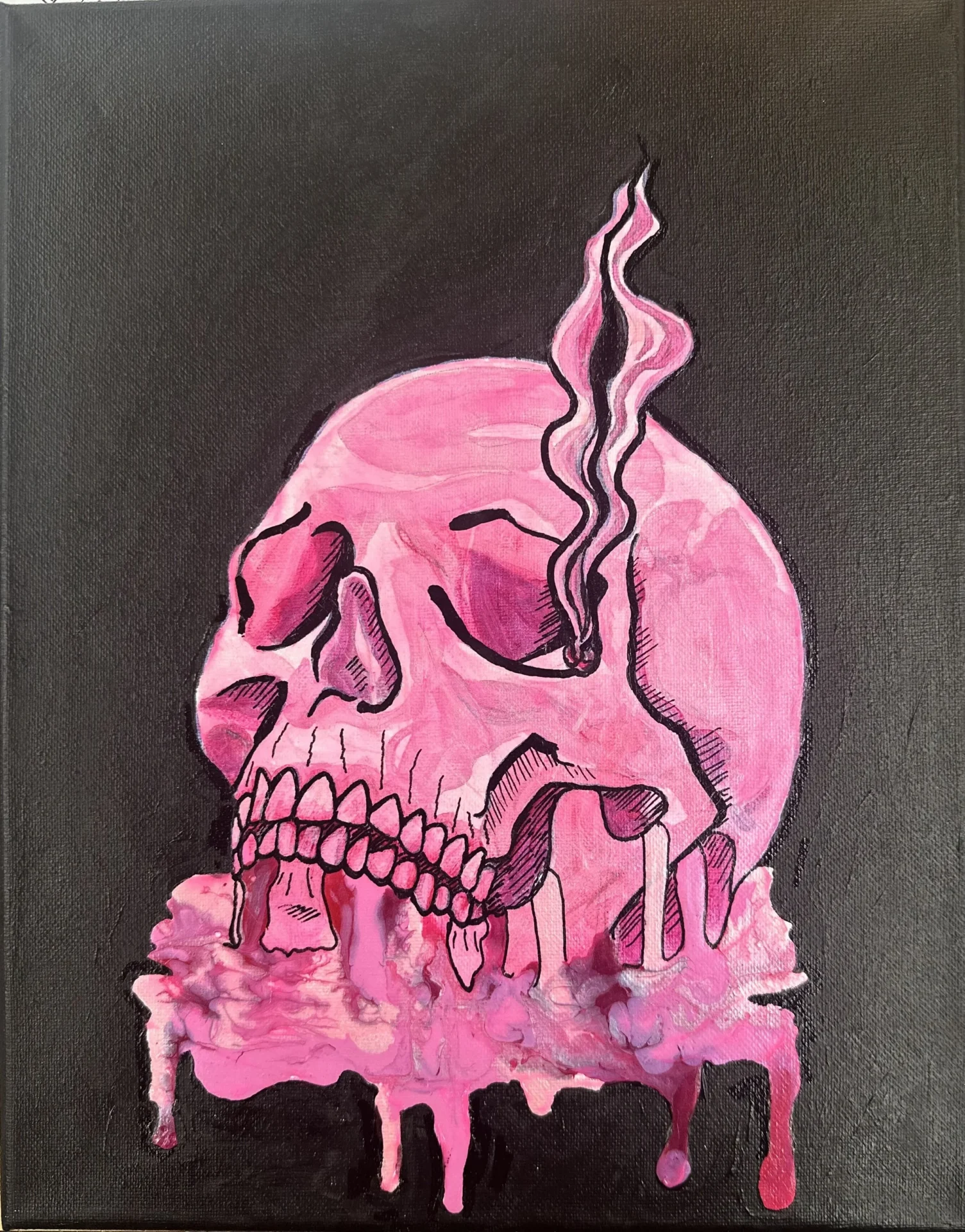 Pink skull with smoke on black background