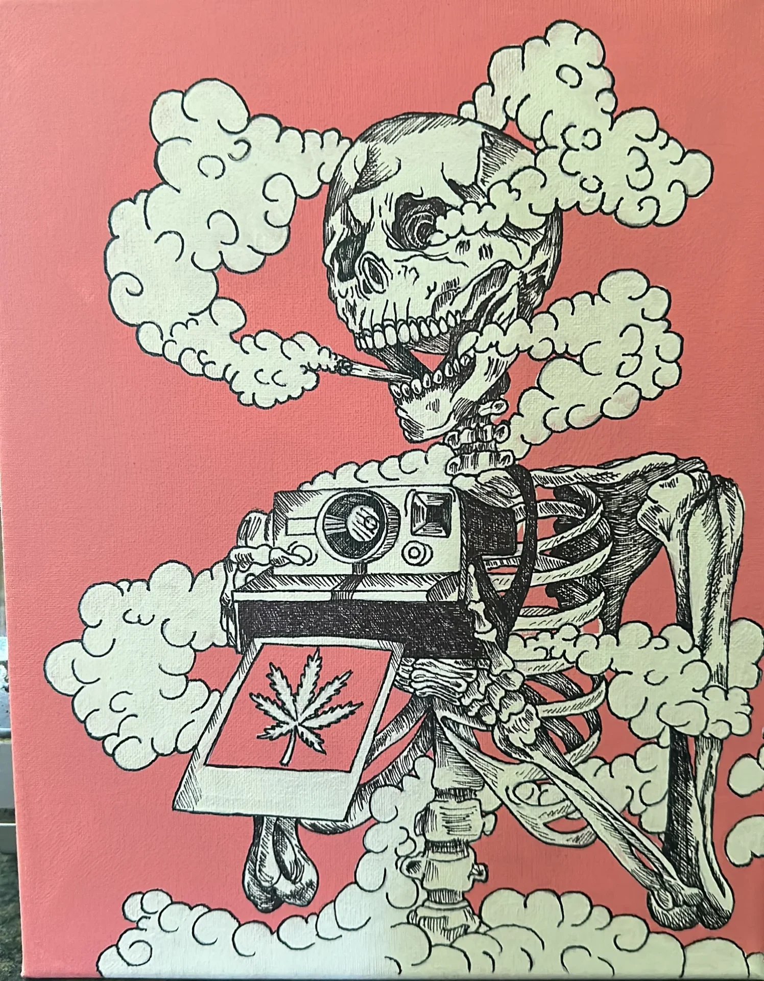 Skeleton with camera and cannabis art