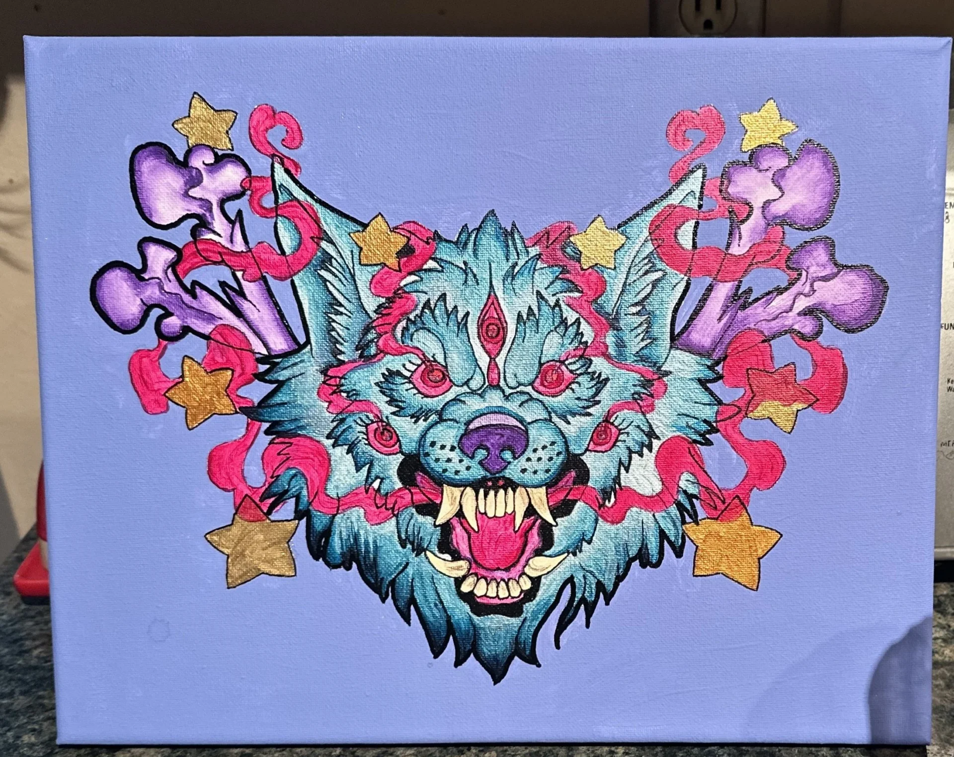 Artistic wolf design featuring stars and clouds.