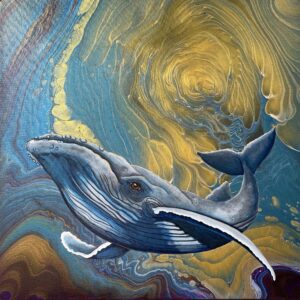 Surreal whale art with swirling colors